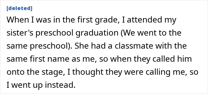 A screenshot of text sharing an embarrassing moment about a child mistaking a call to the stage for their name.