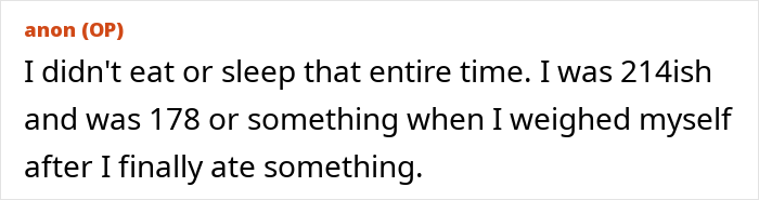 Text post with anonymous user describing weight loss and lack of eating, relating to army wife cheating and revenge karma story.