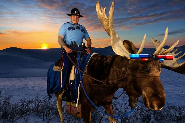 A police officer riding a moose with flashing lights on its antlers against an Alaskan sunset, a hilarious meme.