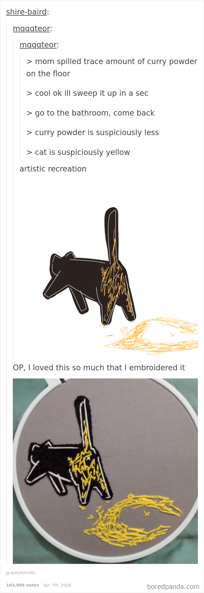 Black cat with yellow curry powder spilled on the floor, shown in digital art and embroidered by Tumblr artist.