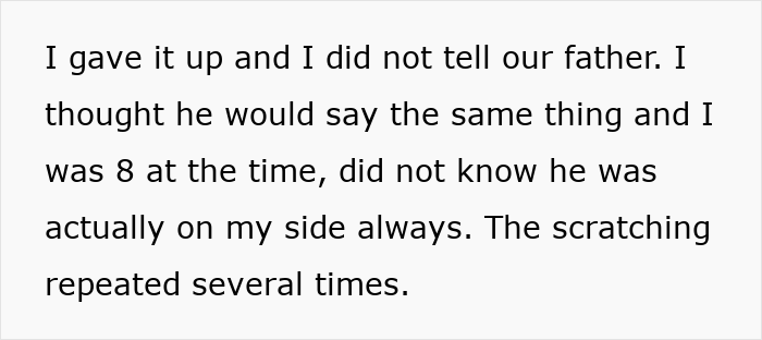 Trecho de texto mostrando a história de uma criança sobre como a mãe não acreditou e resolveu resolver o problema com as próprias mãos.