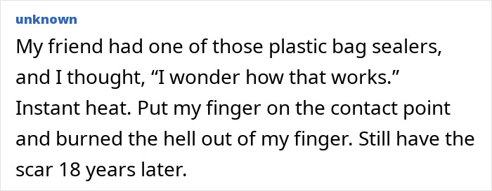 Text screenshot of a story about a plastic bag sealer causing a finger burn, part of stupid injury stories collection.