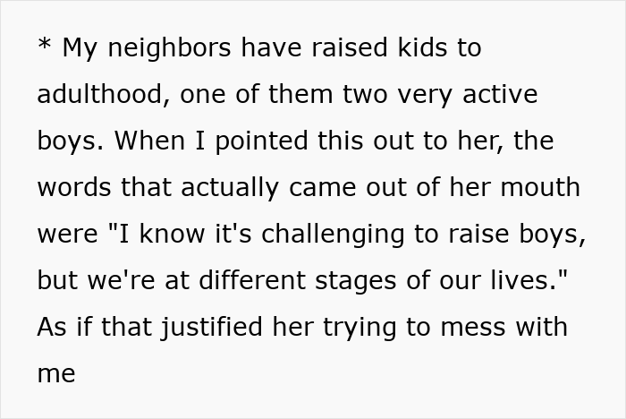Text excerpt about neighbors raising active boys highlighting challenges of parenting and conflict with HOA demanding trampoline removal.