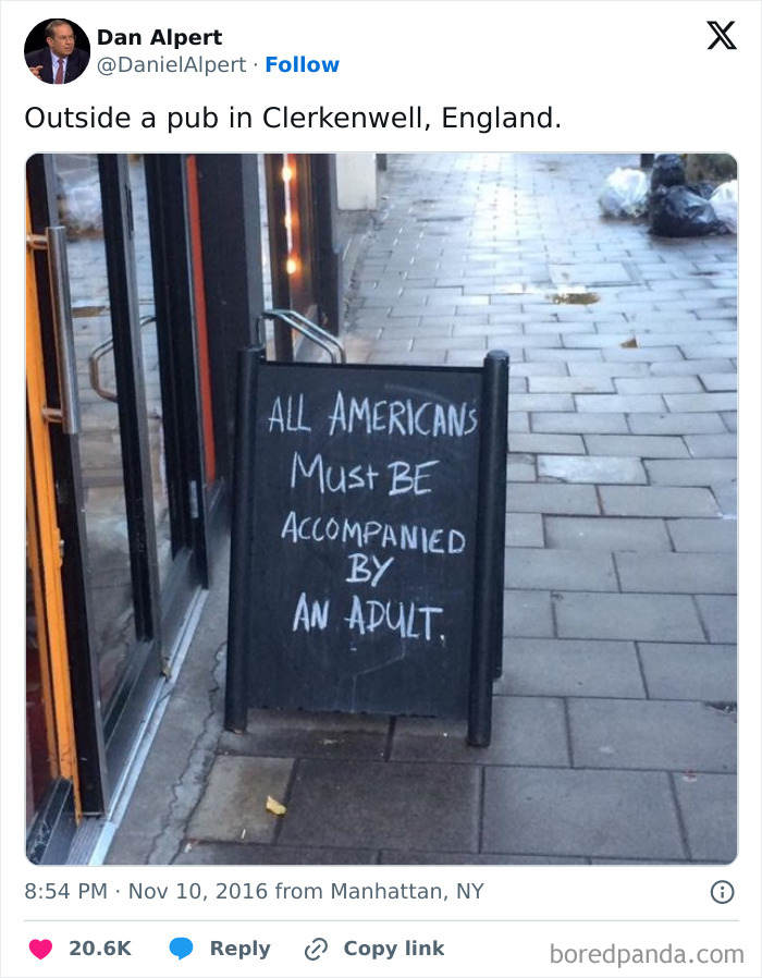 Pub sign in England jokingly requires all Americans to be accompanied by an adult