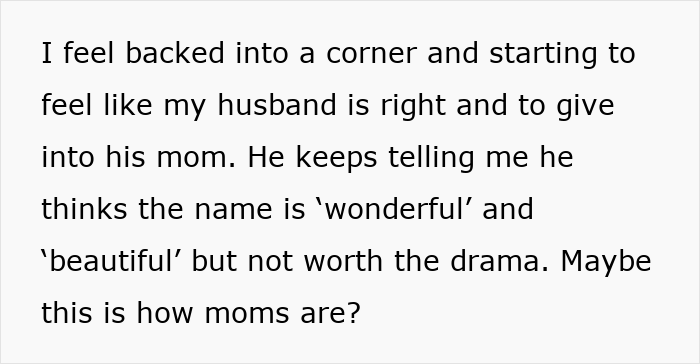 A woman feeling pressured over a baby name choice, debating whether to give in to a MIL after a messy fight.