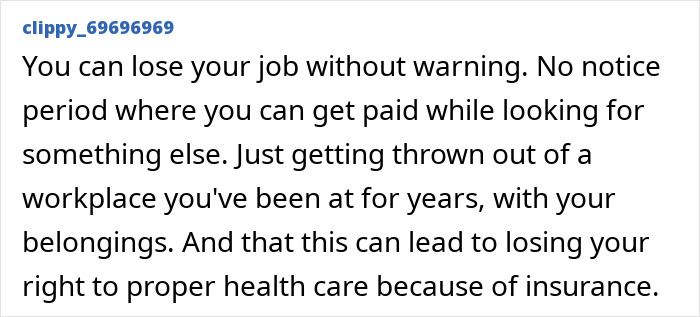 Alt text: Text describing the dystopian reality of job loss and loss of healthcare rights in the United States.