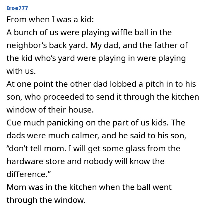 Comment sharing a secret dads and kids are keeping from moms about a broken window during a backyard game.