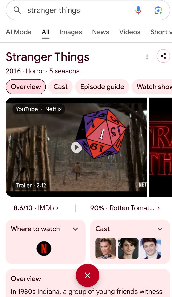 Google search results showing Stranger Things series details with cast, ratings, and video in Google Easter Eggs.