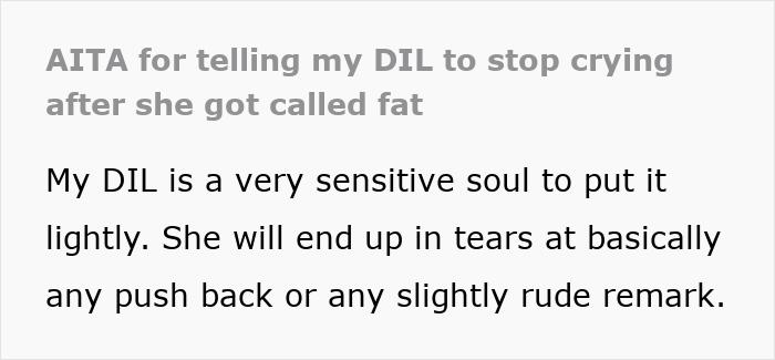 AITA post: Heartless MIL thinks DIL is too sensitive, scolding her for crying after being called fat.