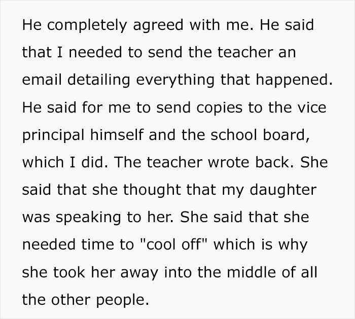 Text excerpt discussing a teacher grabbing kids and the mom calling out the teacher's actions publicly.