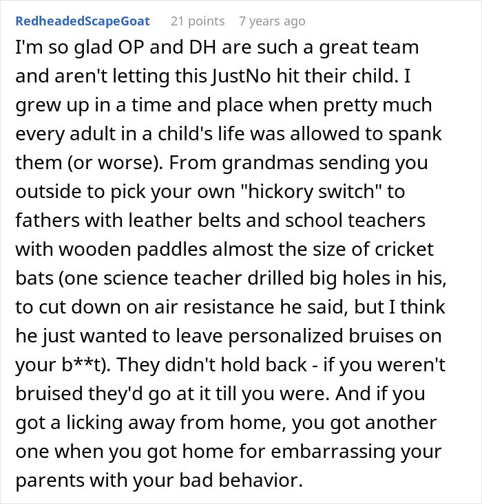 Um comentário do Reddit discutindo uma mãe ignorando as lágrimas de crocodilo de uma MIL após piadas sobre espancar sua filha. Sem bater.