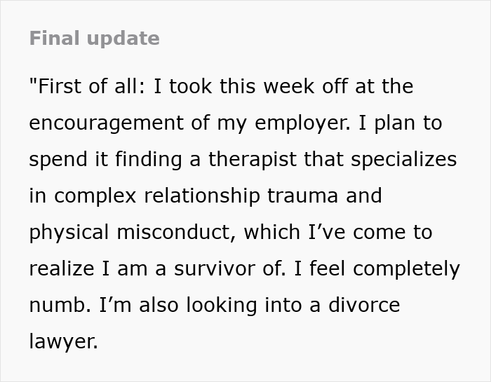 Text showing a final update about taking a week off to find a therapist for relationship trauma and planning to consult a divorce lawyer.