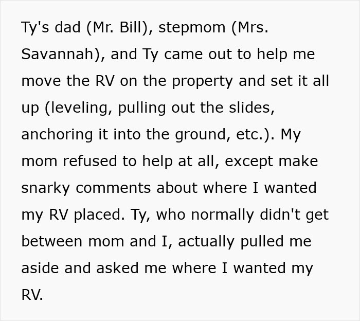Text excerpt describing a woman sharing a crazy family story involving her mom in a dramatic, soap opera-like situation.