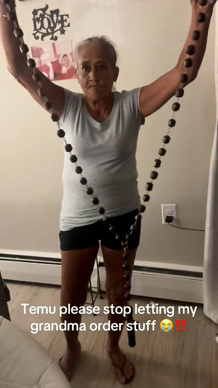 Elderly woman holding a large beaded item, showing a funny Temu order experience with unexpected items.