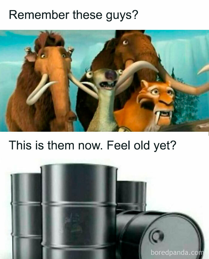Scene from animated movie with characters paired humorously with black oil barrels in wild memes making your day better