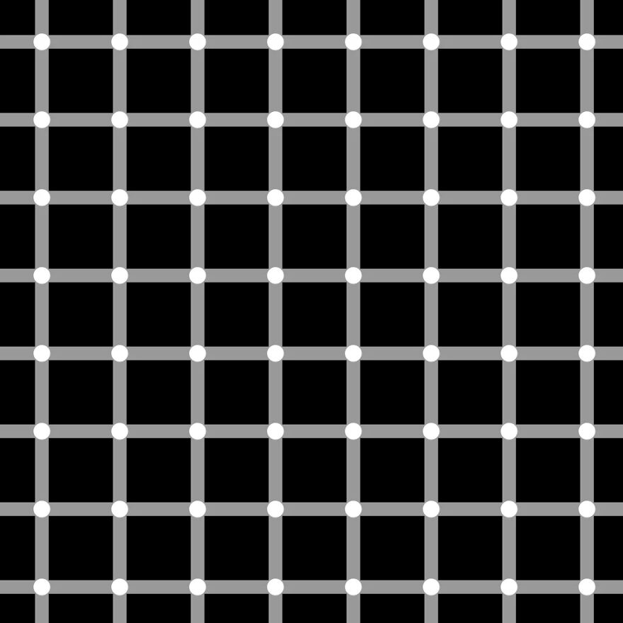 Hermann Grid, a brain-bending optical illusion. White dots on a grey grid against black, showing illusory dark spots.