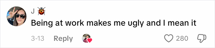 Social media comment stating being at work makes them ugly, highlighting complaints about office air quality.