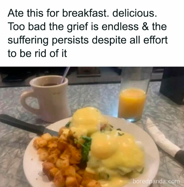 Plate of breakfast food with coffee and orange juice, paired with humor about grief in relatable memes.