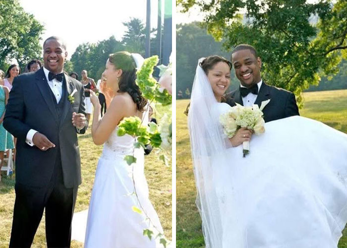 Ex-Virginia Lt. Governor Justin Fairfax in wedding photos with bride, outdoors, highlighting personal moments linked to shirt holes case.