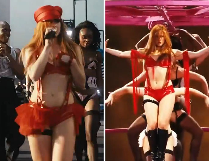 Energetic performer in red outfit dancing on stage with backup dancers at Coachella 2026, entertaining the crowd.