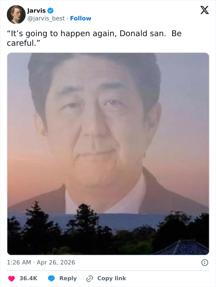 A tweet shows a fading image of Abe over a sunset with trees, hinting at a security incident.