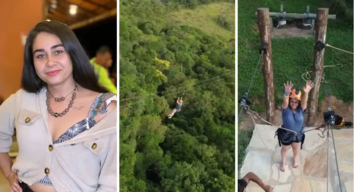 Three-part image. A young woman smiling, zip-lining over trees, and another shot of her ready to zip-line. Freak accidents.