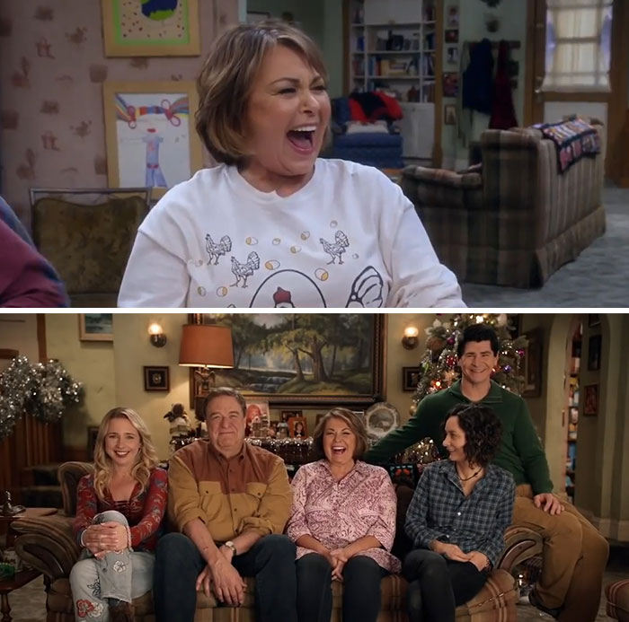 Roseanne Barr in two scenes: one laughing, one with the Roseanne cast. Reflects TV shows canceled over scandalous controversies.