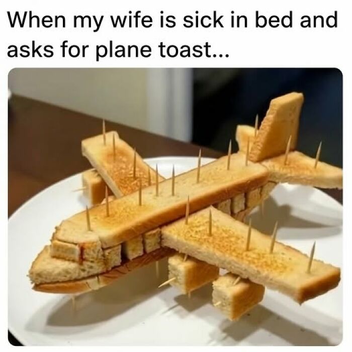 Humorous food meme showing toast assembled with toothpicks to resemble an airplane on a white plate.