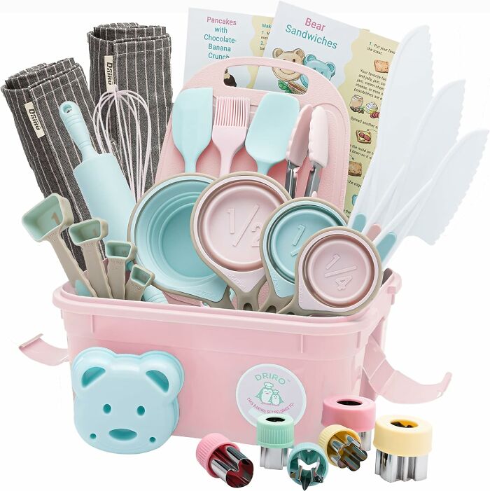 Kids' toy stuffers including pastel baking tools, measuring cups, cutters, and recipe cards for Easter basket ideas by age.