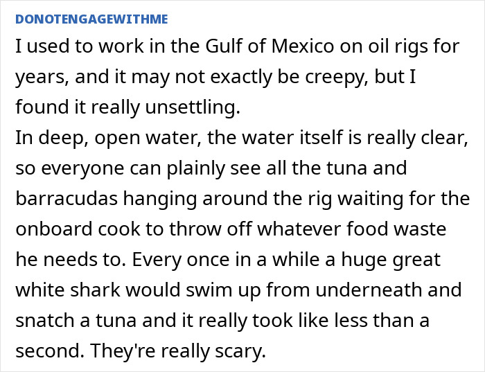 Text describing a horrifying tale of working on oil rigs and encountering scary sharks in remote areas.