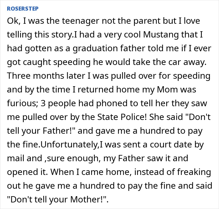 Text post sharing a secret dads and their kids are keeping from moms about speeding tickets and hiding fines.
