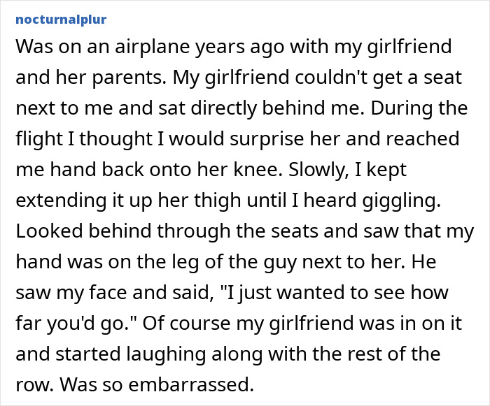 A screenshot of a text post detailing an embarrassing moment on an airplane, where someone mistakenly touched a stranger's leg.