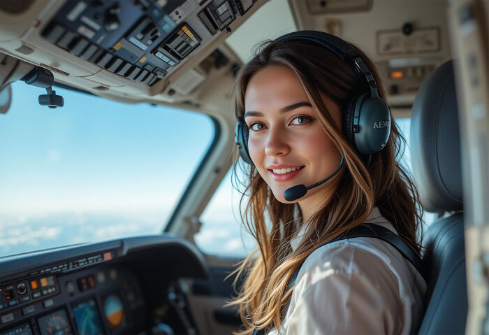 Young female pilot wearing headset in a cockpit, symbolizing inspiring comebacks and thriving success as revenge.