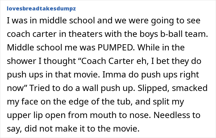 Middle schooler attempts push ups, slips, and suffers a painful face injury, illustrating a tough but stupid injury story.