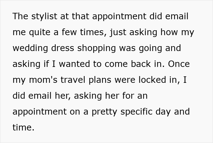 Text about a woman&rsquo;s wedding dress shopping experience and refusing to tip, sparking internet debate.