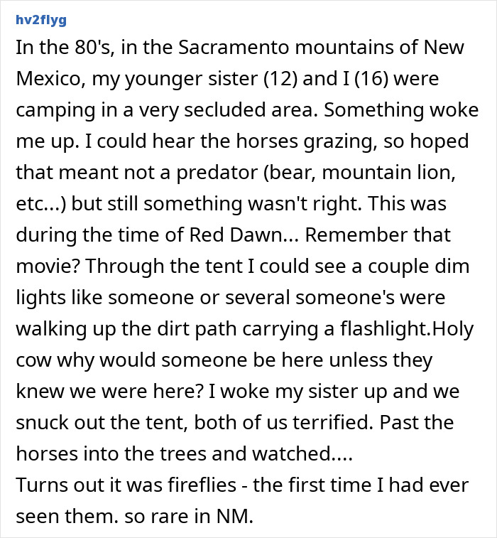 A campfire story about two sisters exploring creepy remote areas and immediately regretting it due to glowing lights.