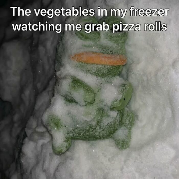 Frozen vegetables covered in ice watching someone grab pizza rolls, a funny food meme for quick chuckles.