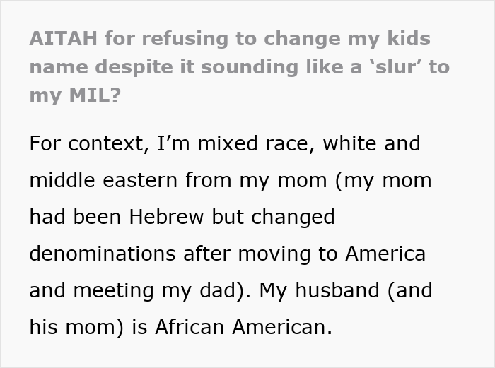A text post asking AITAH for refusing to change my kids name despite it sounding like a 'slur' to my MIL. Baby name dispute.