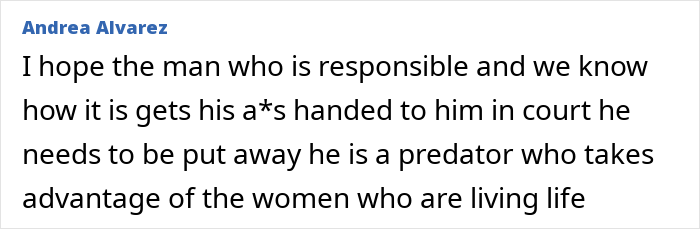 Comentário de Andrea Alvarez expressando esperança de que o responsável pelo caso da mãe desaparecida seja preso e punido em tribunal.