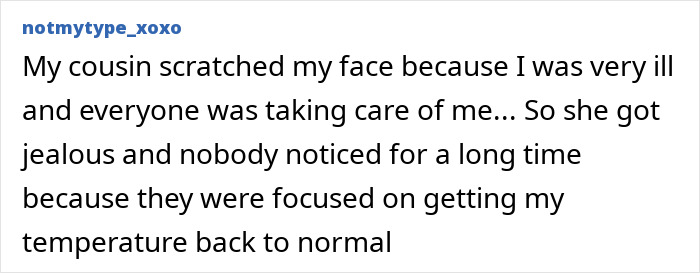 Text post describing a stupid injury story where a cousin scratched the face out of jealousy during illness recovery.
