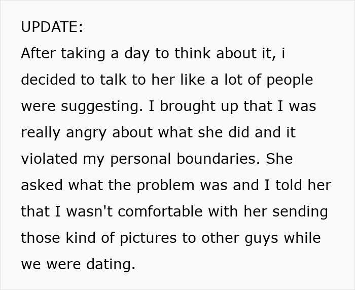 Text update about a boyfriend discussing personal boundaries after girlfriend sends topless pics to multiple guys.