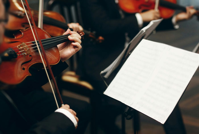 Violin players performing in an orchestra, focusing on hands and instruments during a classical music event.
