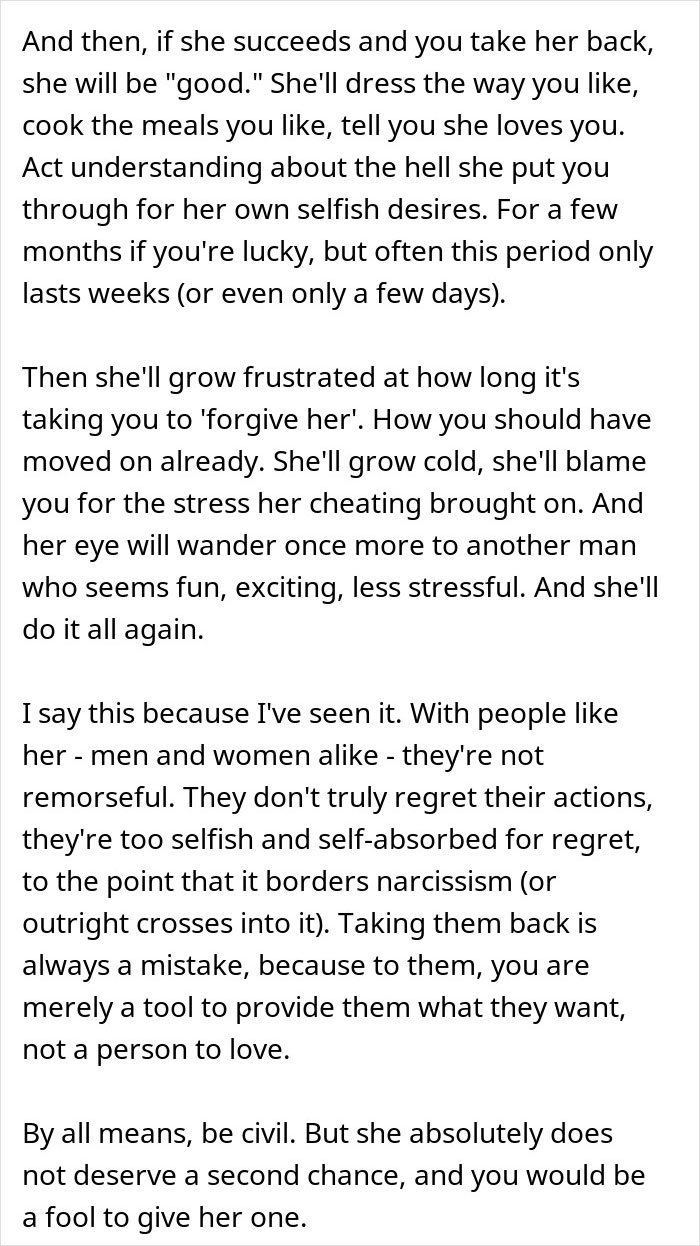 Text advising against taking back a partner who cheated, warning of repeated affairs and selfish desires, related to ruining marriage.