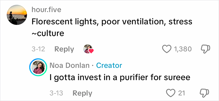 Comments highlighting poor office air quality, mentioning fluorescent lights, ventilation issues, and stress culture at work.