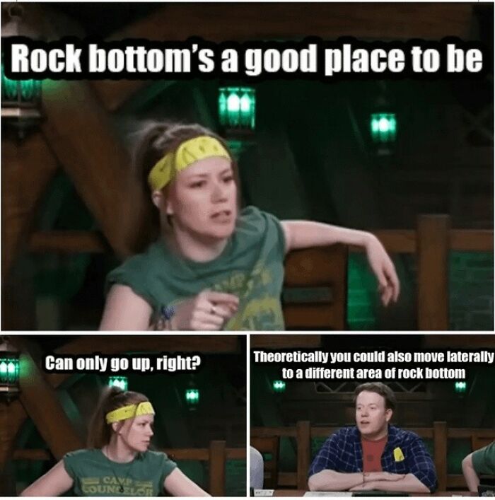 Three people in a humorous meme discussing rock bottom, highlighting relatable memes from people who gave up on life but not humor.
