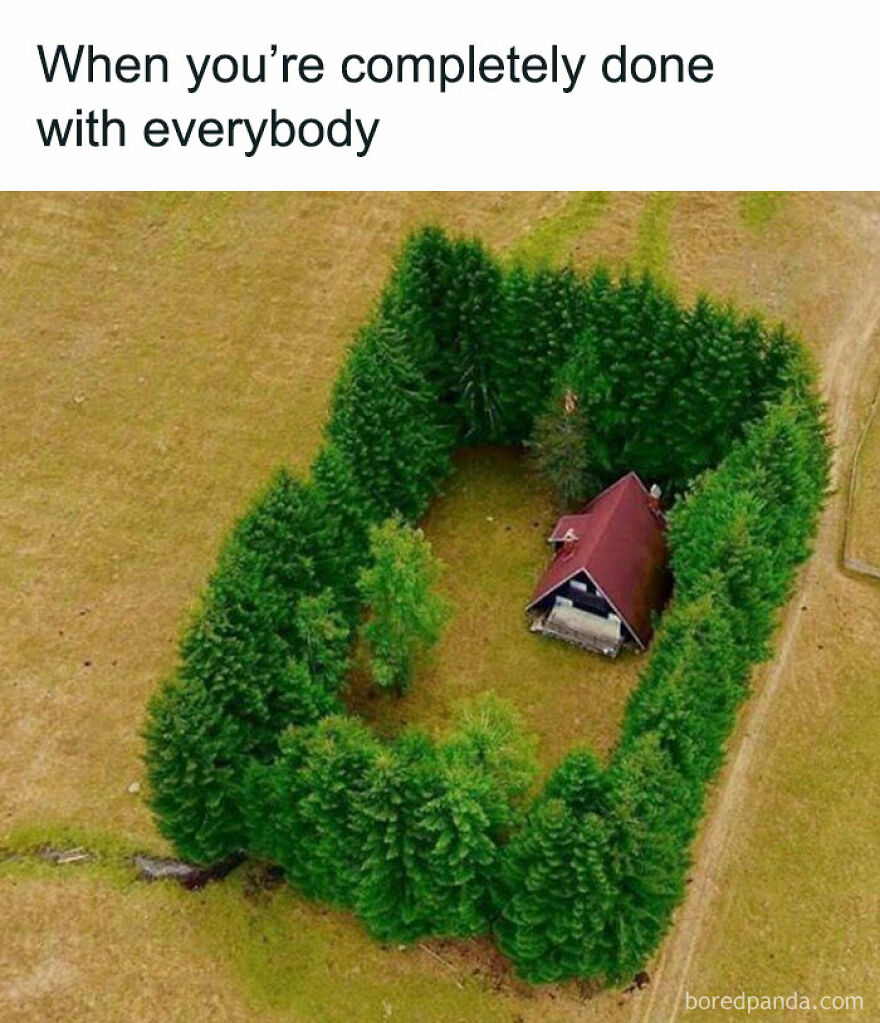 Funny meme: A house surrounded by trees, like a fort, with the text "When you're completely done with everybody". Relatable memes.
