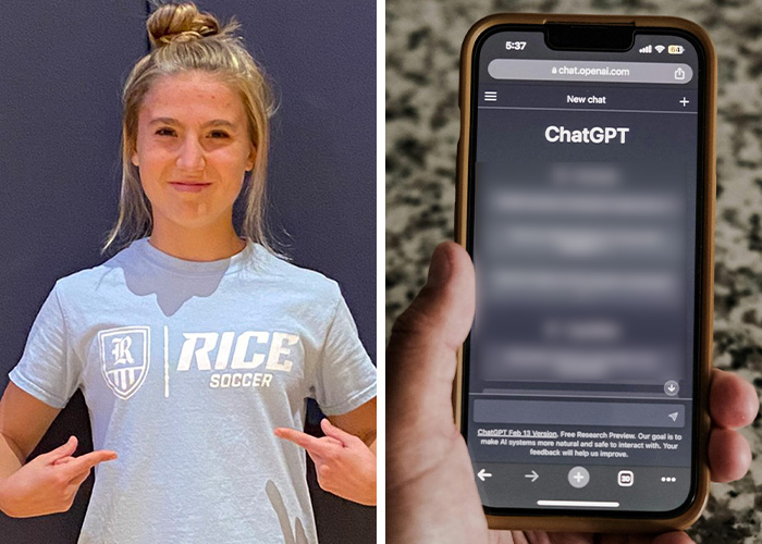 A smiling woman in a Rice Soccer shirt next to a smartphone displaying ChatGPT. Dangerous TikTok challenges can end in fatality.