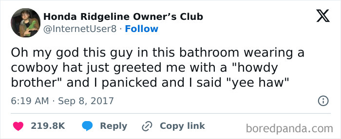 A screenshot of an embarrassing Twitter post, where a user describes panicking and saying "yee haw" to a cowboy.