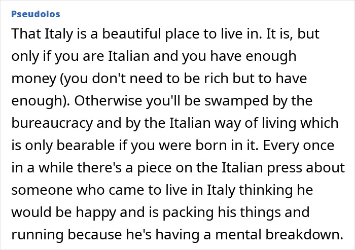 Text from Pseudolos on the complexities of living in Italy for non-Italians, debunking Stereotypes About Countries.