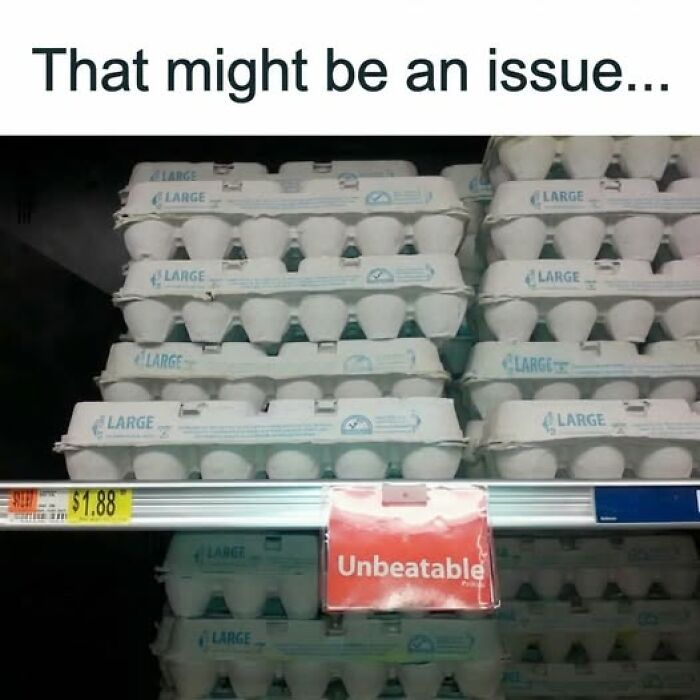 Rows of egg cartons labeled large with a price tag and a humorous sign about unbeatable food memes.